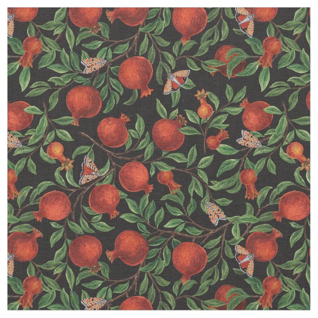 Pomegranates and Bella Moths  Fabric (Close Up)