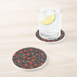 Pomegranates and Bella Moths in red and grey Coaster