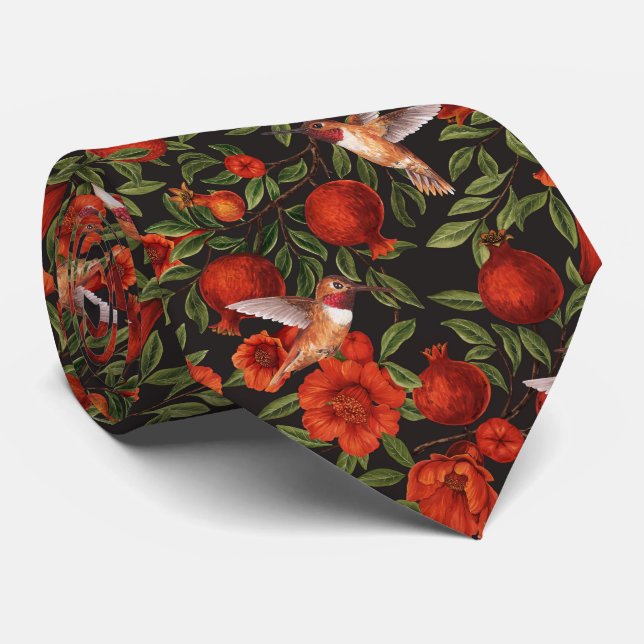 Pomegranates and Bella Moths in red and grey Neck Tie (Rolled)