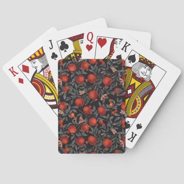 Pomegranates and Bella Moths in red and grey Playing Cards (Back)