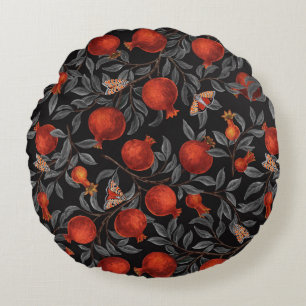Pomegranates and Bella Moths in red and grey Round Pillow