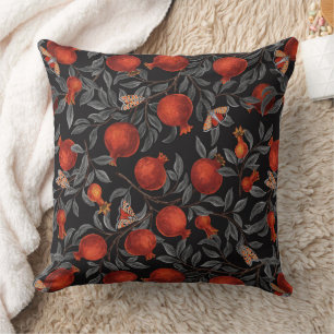 Pomegranates and Bella Moths in red and grey Throw Pillow