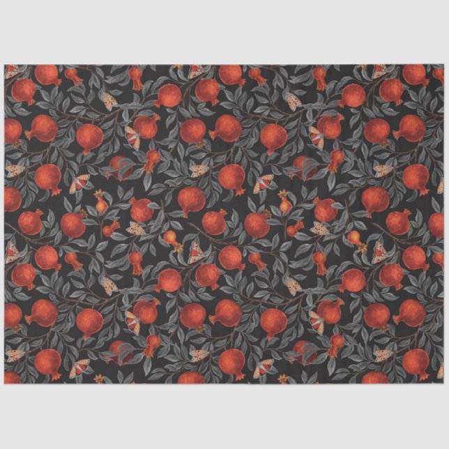 Pomegranates and Bella Moths in red and grey Tissue Paper (Front)