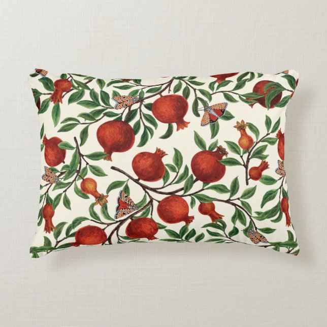 Pomegranates and Bella Moths on off white Accent Pillow (Front)