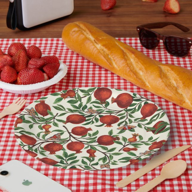 Pomegranates and Bella Moths on off white Paper Plate (Picnic)