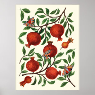 Pomegranates and Bella Moths on off white Poster