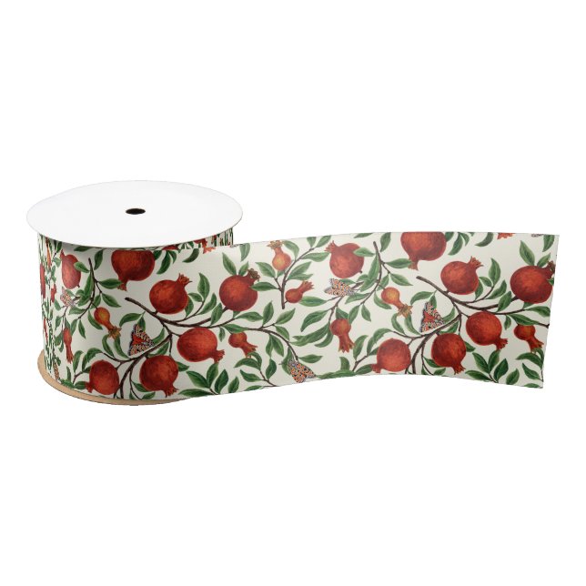 Pomegranates and Bella Moths on off white Satin Ribbon (Spool)
