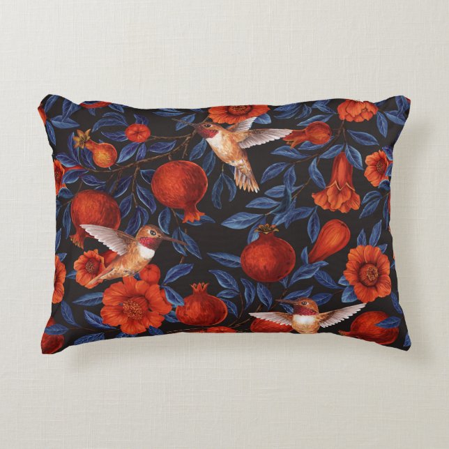 Pomegranates and hummingbirds/blue leaves on black accent pillow (Front)