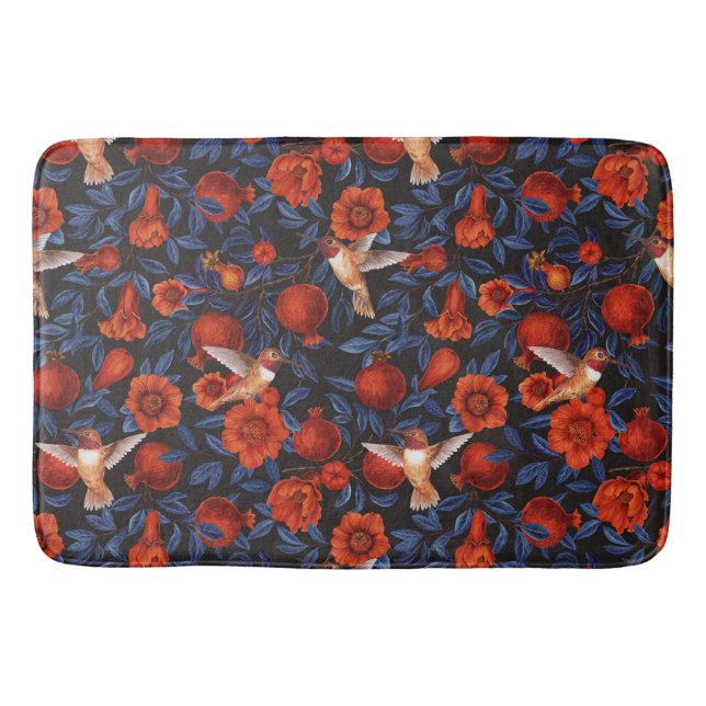 Pomegranates and hummingbirds/blue leaves on black bath mat (Front)