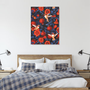 Pomegranates and hummingbirds/blue leaves on black canvas print
