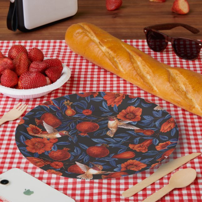 Pomegranates and hummingbirds/blue leaves on black paper plate (Picnic)