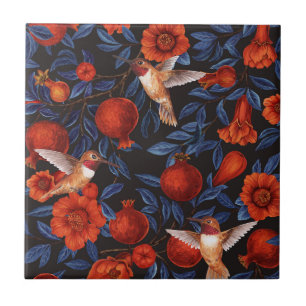 Pomegranates and hummingbirds/blue leaves on black tile