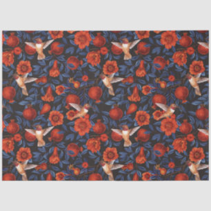 Pomegranates and hummingbirds/blue leaves on black tissue paper