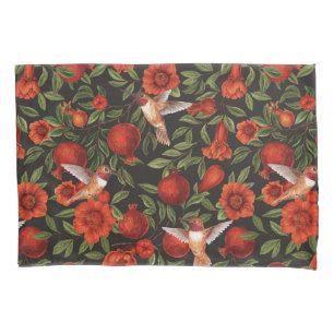 Pomegranates and hummingbirds/green leaves on blac pillowcase