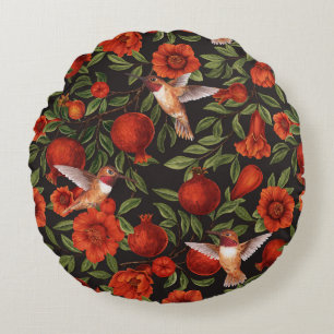 Pomegranates and hummingbirds/green leaves on blac round pillow