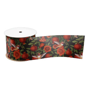 Pomegranates and hummingbirds/green leaves on blac satin ribbon