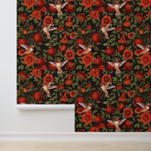 Pomegranates and hummingbirds/green leaves on blac wallpaper