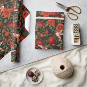 Pomegranates and hummingbirds/green leaves on blac wrapping paper