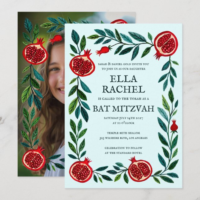 Pomegranates B'nai Bat Bar Mitzvah Custom Photo  Invitation (Front/Back)