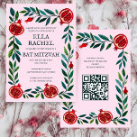 Pomegranates Custom B'nai Bat Bar Mitzvah QR Code Invitation<br><div class="desc">Perfect card to announce a bar mitzvah, bat mitzvah or other Jewish celebration! Hand made art for you! FULLY CUSTOMIZABLE! Click on “Personalize” above to edit the text and add your link to the QR code. Click "edit using design tool" to adjust the fonts, colours and placements and to delete...</div>