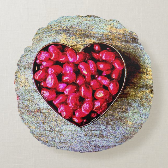 "Pomegranates Heart Fruit" Cute Photo. Buy Now Round Pillow (Front)