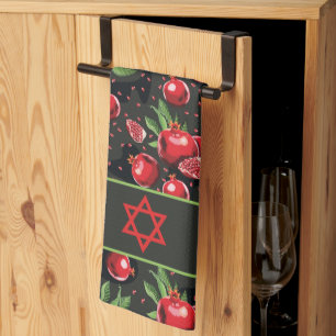 Pomegranates on Black Jewish Rosh Hashanah Star Kitchen Towel