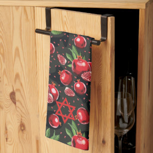 Pomegranates on Black Jewish Rosh Hashanah Star Kitchen Towel