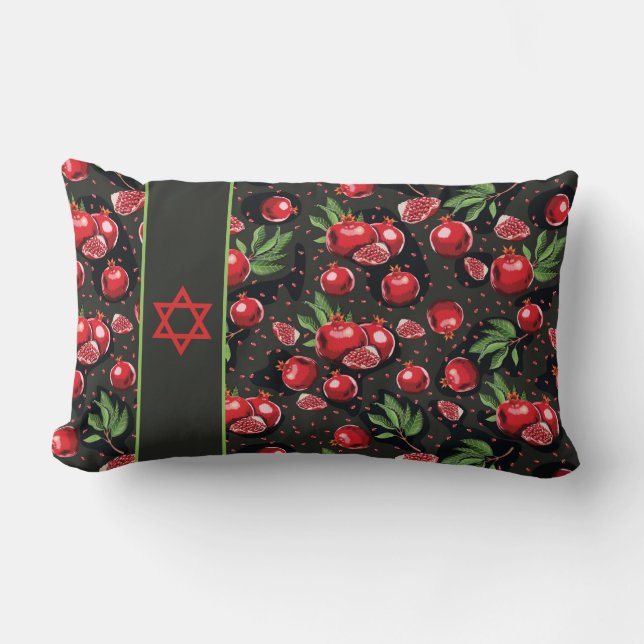 Pomegranates on Black Jewish Rosh Hashanah Star Lu Lumbar Pillow (Front)