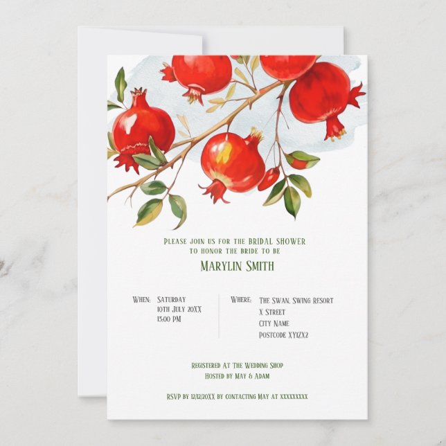 Pomegranates watercolor theme Bright colours Invitation (Front)