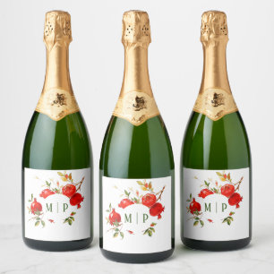 Pomegranates watercolor theme Bright colours Sparkling Wine Label