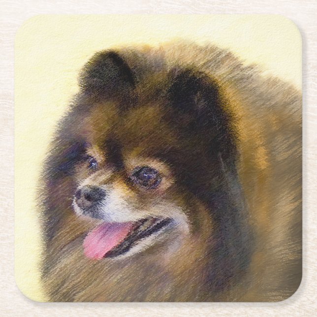 Pomeranian Black and Tan Painting Original Dog Art Square Paper Coaster (Front)