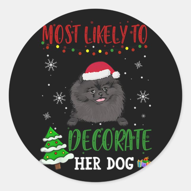 Pomeranian Black Dog Christmas Most Likely To Deco Classic Round Sticker (Front)