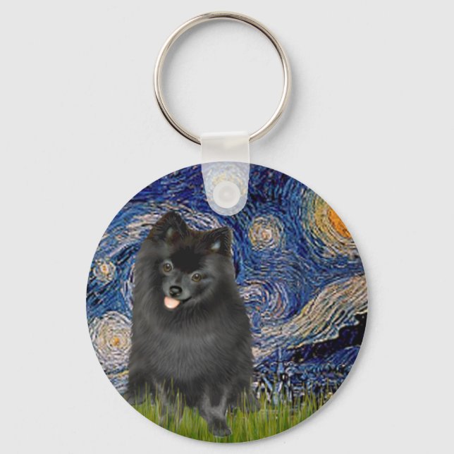 Pomeranian (black) - Starry Night Keychain (Front)