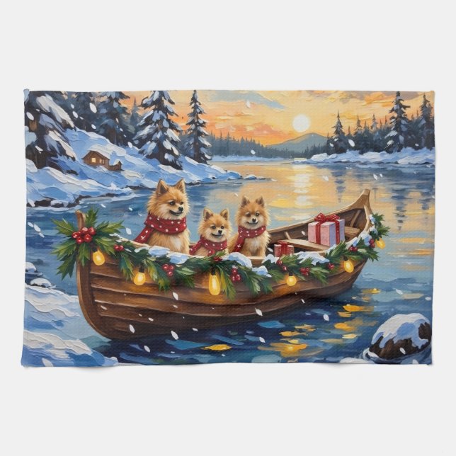 Pomeranian Christmas Boat Holiday Kitchen Towel (Horizontal)