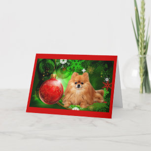 Pomeranian Christmas Card Red Ball Green