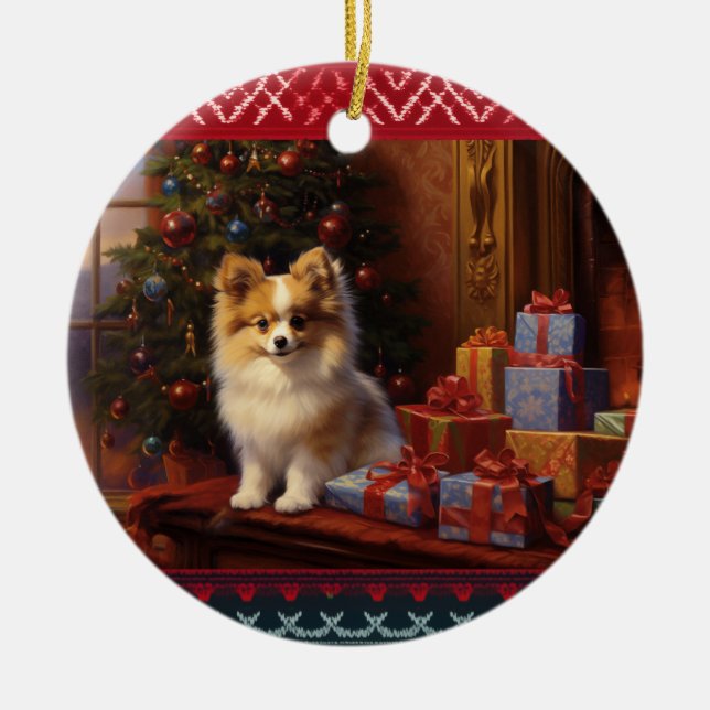 Pomeranian Christmas Ceramic Ornament (Front)