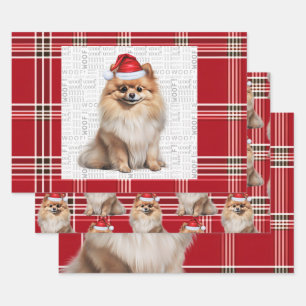Pomeranian Christmas Dog Red White Plaid Wrapping Paper Sheet