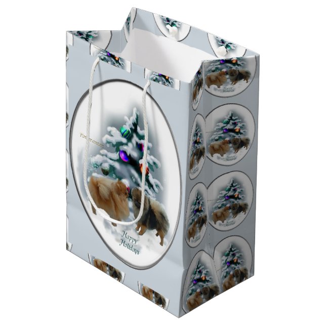 Pomeranian Christmas Medium Gift Bag (Front Angled)
