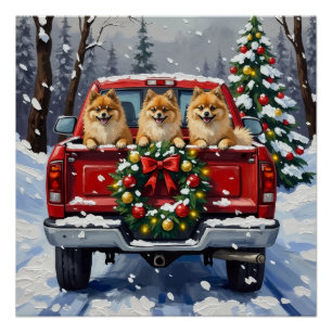 Pomeranian Christmas Red Truck Holiday Gift Poster