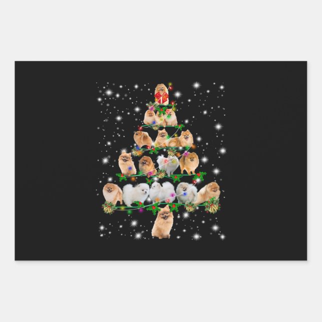 Pomeranian Christmas Tree Covered By Flashlight Wrapping Paper Sheet (Front)