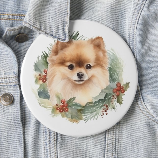Pomeranian Christmas Wreath Festive Pup 6 Inch Round Button (In Situ)