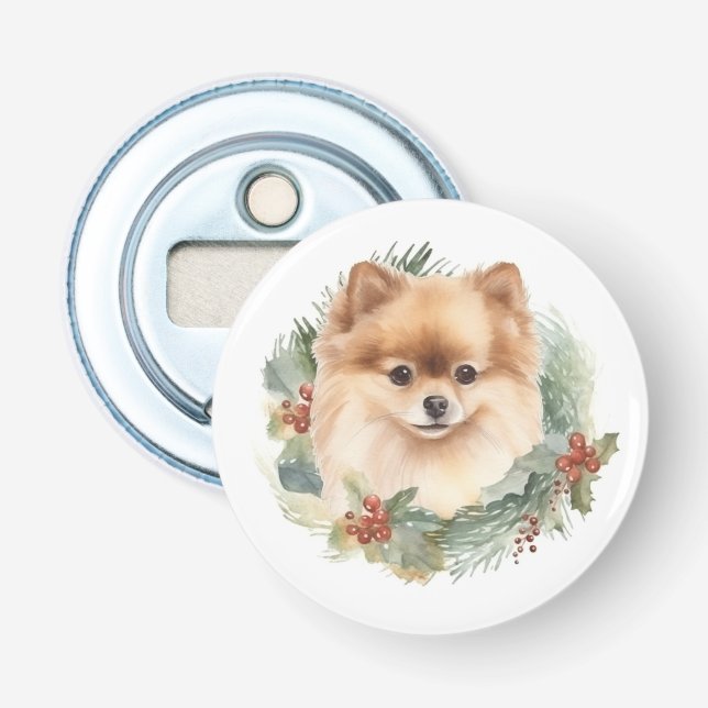 Pomeranian Christmas Wreath Festive Pup Bottle Opener (Front)