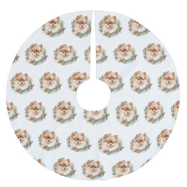 Pomeranian Christmas Wreath Festive Pup Brushed Polyester Tree Skirt (Front)