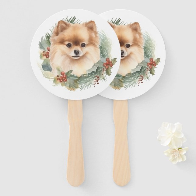 Pomeranian Christmas Wreath Festive Pup Hand Fan (Front and Back)