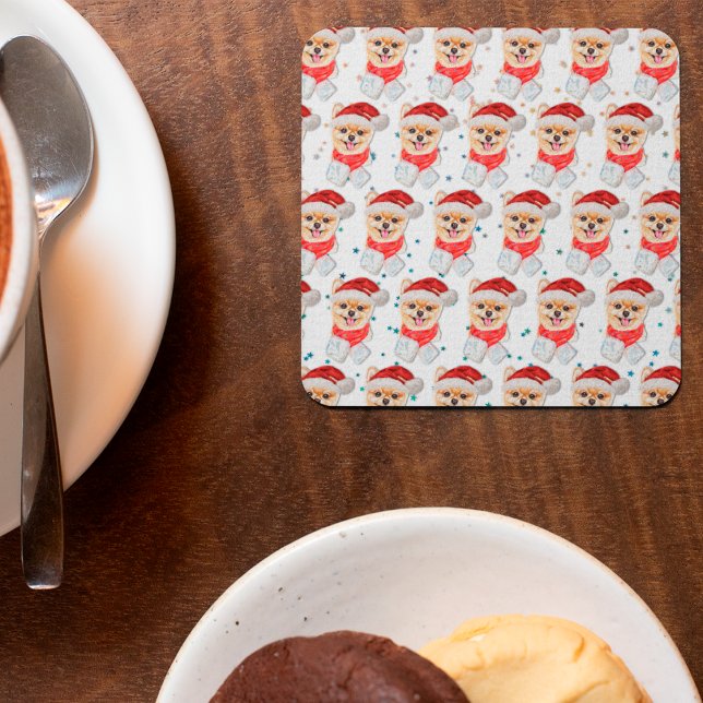 Pomeranian Dog Breed Christmas Stars Square Paper Coaster (Creator Uploaded)