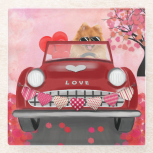 Pomeranian Dog Car with Hearts Valentine's Glass Coaster