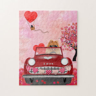 Pomeranian Dog Car with Hearts Valentine's Jigsaw Puzzle