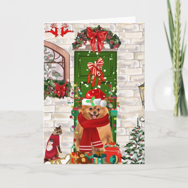 Pomeranian Dog Christmas  Card (Front)