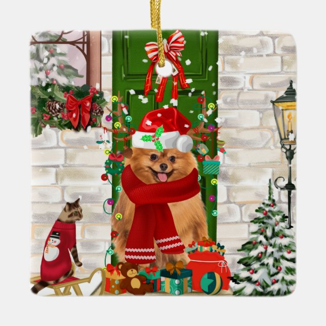 Pomeranian Dog Christmas  Ceramic Ornament (Front)
