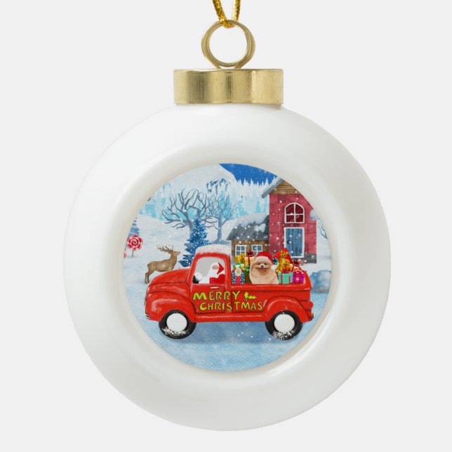 Pomeranian Dog Christmas Delivery Truck Snow Ceramic Ball Christmas Ornament (Front)